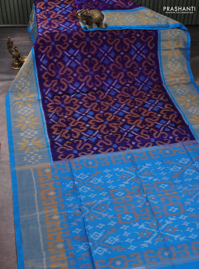 Ikat silk cotton saree violet and cs blue with allover ikat weaves and long zari woven border