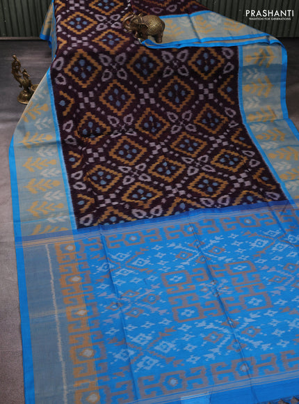 Ikat silk cotton saree coffee brown and cs blue with allover ikat weaves and long zari woven border