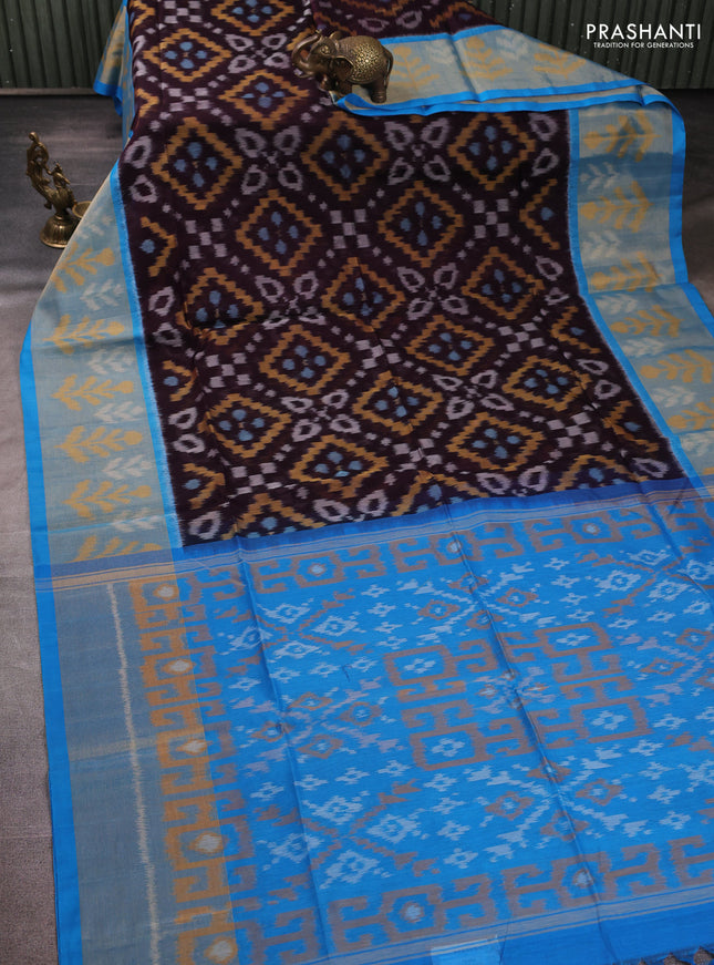 Ikat silk cotton saree coffee brown and cs blue with allover ikat weaves and long zari woven border