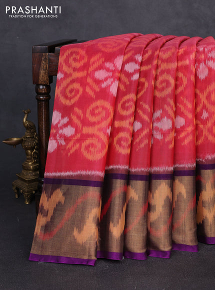 Ikat silk cotton saree peach pink and purple with allover ikat weaves and long zari woven border