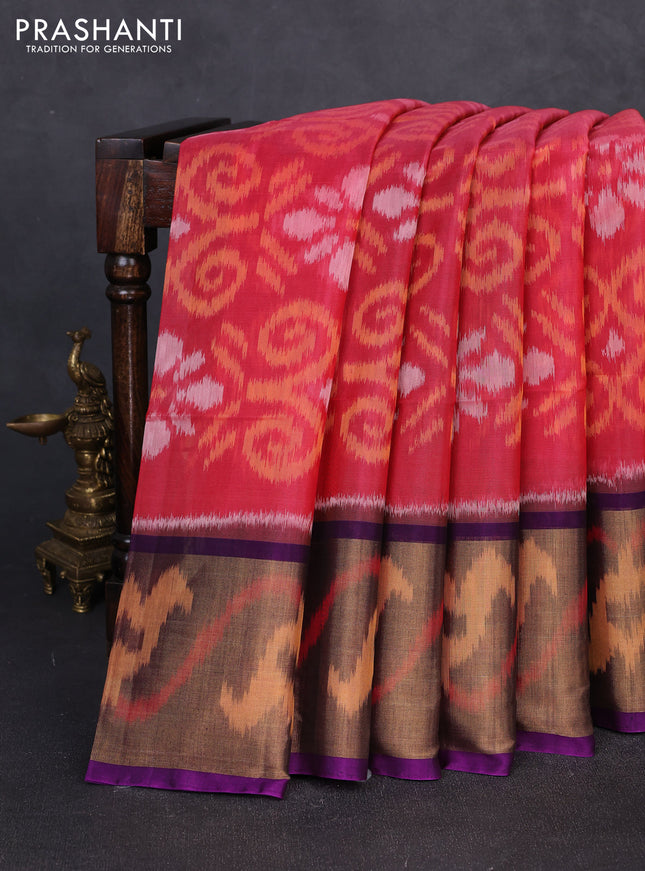 Ikat silk cotton saree peach pink and purple with allover ikat weaves and long zari woven border