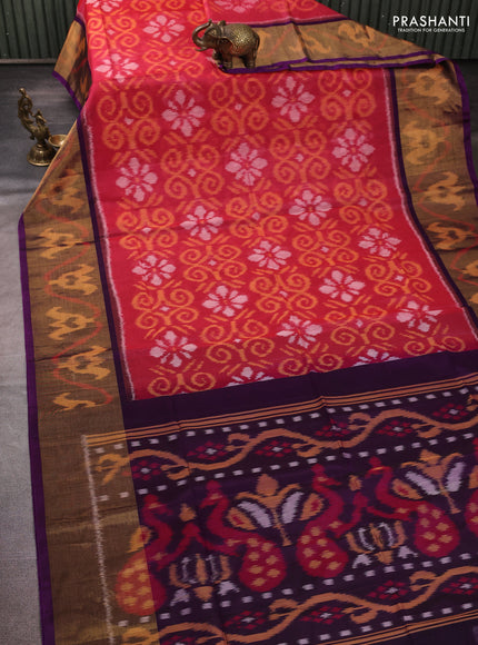 Ikat silk cotton saree peach pink and purple with allover ikat weaves and long zari woven border