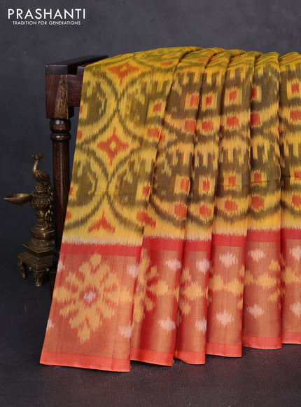 Ikat silk cotton saree mustard yellow and orange with allover ikat weaves and long zari woven border