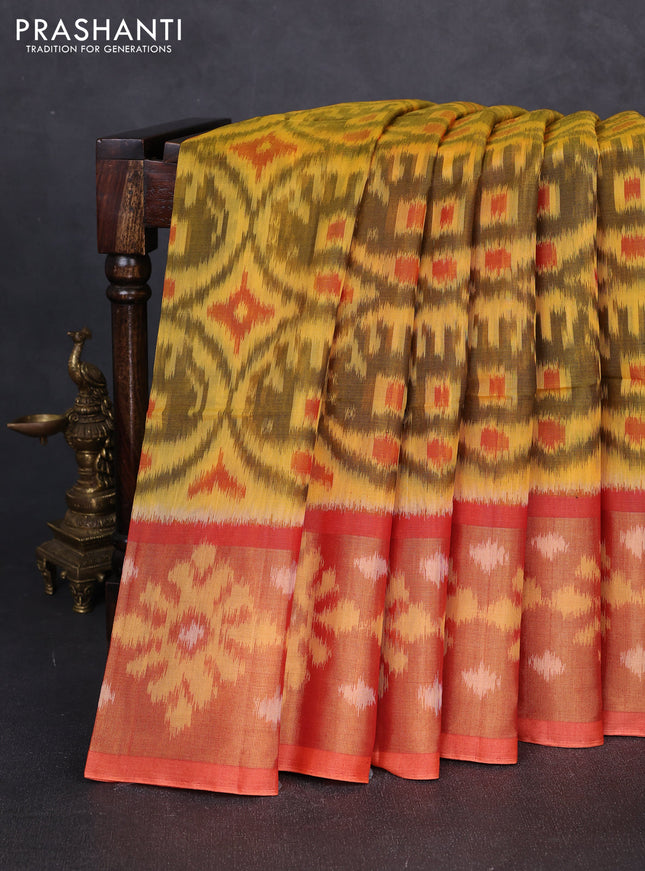 Ikat silk cotton saree mustard yellow and orange with allover ikat weaves and long zari woven border