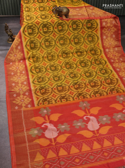 Ikat silk cotton saree mustard yellow and orange with allover ikat weaves and long zari woven border