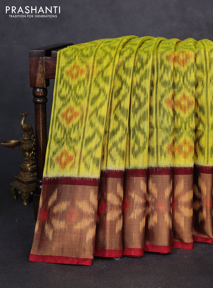 Ikat silk cotton saree lime green and maroon with allover ikat weaves and long zari woven border