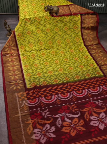 Ikat silk cotton saree lime green and maroon with allover ikat weaves and long zari woven border
