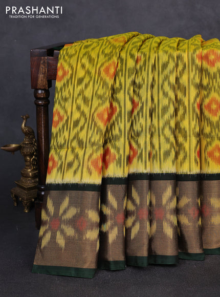 Ikat silk cotton saree yellow and bottle green with allover ikat weaves and long zari woven border