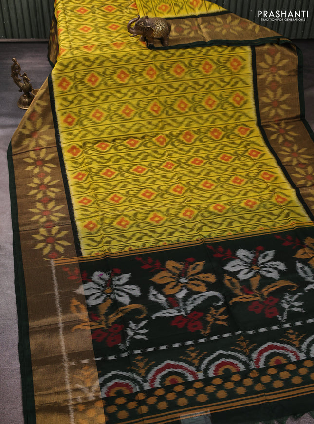 Ikat silk cotton saree yellow and bottle green with allover ikat weaves and long zari woven border