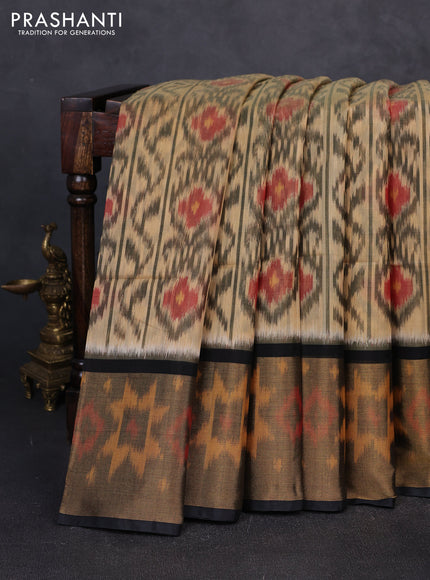 Ikat silk cotton saree sandal grey and black with allover ikat weaves and long zari woven border