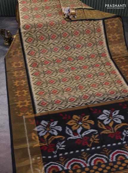 Ikat silk cotton saree sandal grey and black with allover ikat weaves and long zari woven border