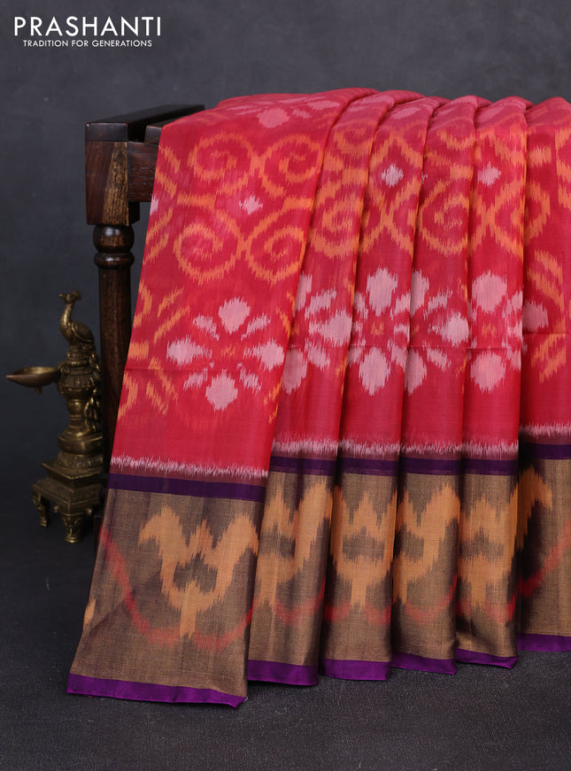 Ikat silk cotton saree pink orange and purple with allover ikat weaves and long zari woven border