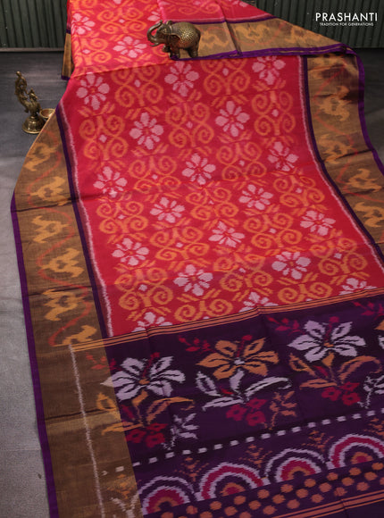 Ikat silk cotton saree pink orange and purple with allover ikat weaves and long zari woven border