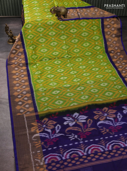 Ikat silk cotton saree green  and blue with allover ikat weaves and long zari woven border