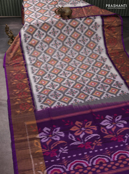 Ikat silk cotton saree off white grey and purple with allover ikat weaves and long zari woven border