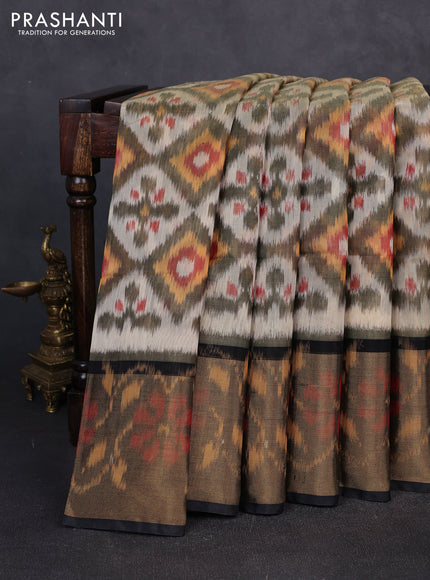Ikat silk cotton saree off white olive green and black with allover ikat weaves and long zari woven border