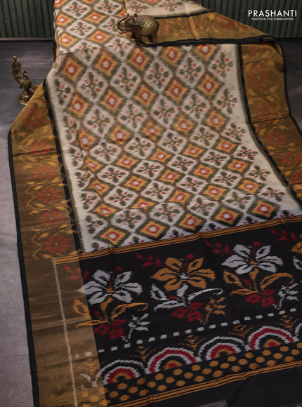 Ikat silk cotton saree off white olive green and black with allover ikat weaves and long zari woven border
