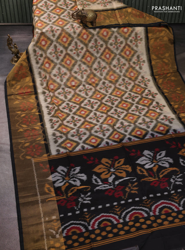 Ikat silk cotton saree off white olive green and black with allover ikat weaves and long zari woven border