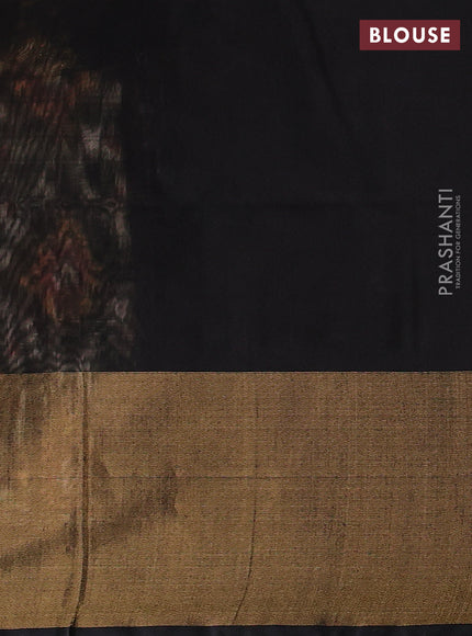 Ikat silk cotton saree off white olive green and black with allover ikat weaves and long zari woven border