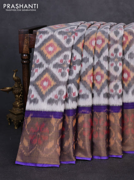 Ikat silk cotton saree off white grey and violet with allover ikat weaves and long zari woven border