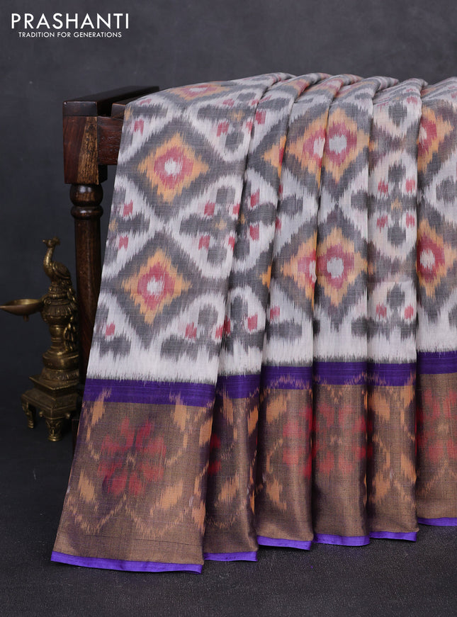Ikat silk cotton saree off white grey and violet with allover ikat weaves and long zari woven border