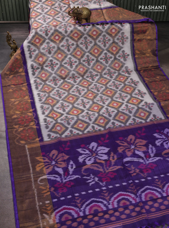 Ikat silk cotton saree off white grey and violet with allover ikat weaves and long zari woven border