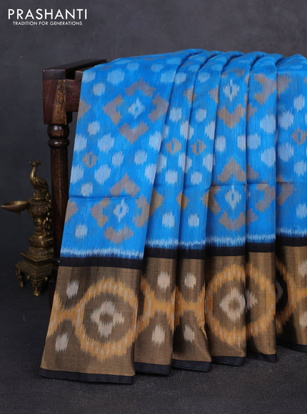 Ikat silk cotton saree cs blue and black with allover ikat weaves and long zari woven border