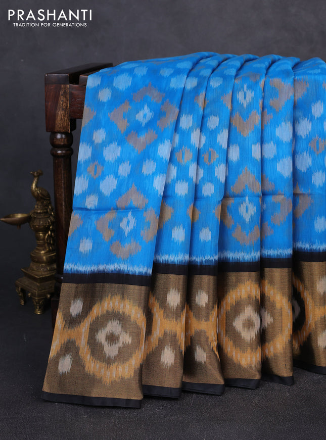 Ikat silk cotton saree cs blue and black with allover ikat weaves and long zari woven border