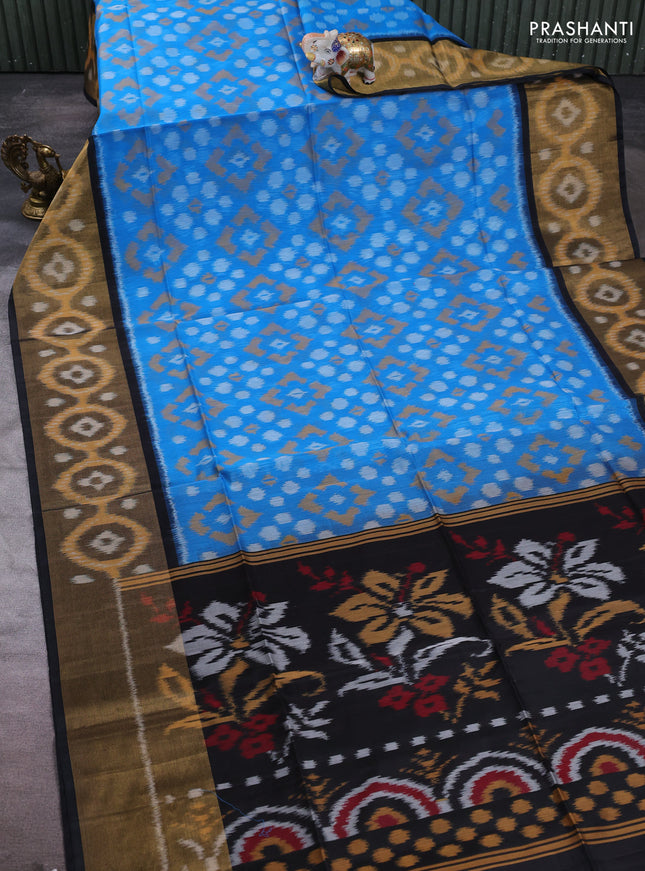 Ikat silk cotton saree cs blue and black with allover ikat weaves and long zari woven border