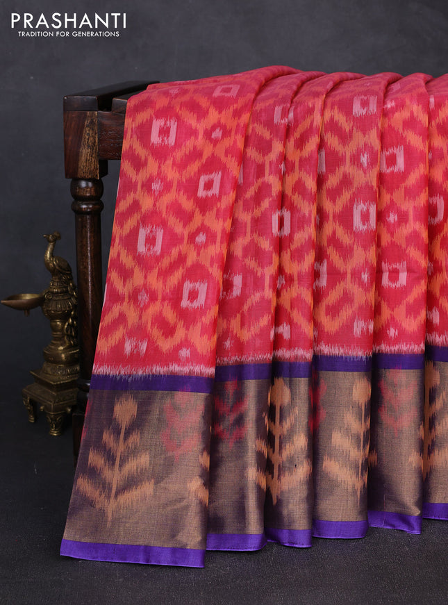 Ikat silk cotton saree pink orange and violet with allover ikat weaves and long zari woven border