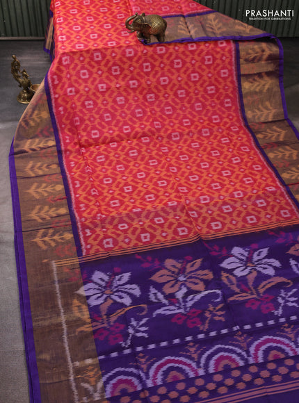Ikat silk cotton saree pink orange and violet with allover ikat weaves and long zari woven border