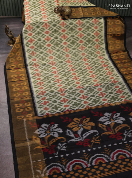 Ikat silk cotton saree green off white and black with allover ikat weaves and long zari woven border