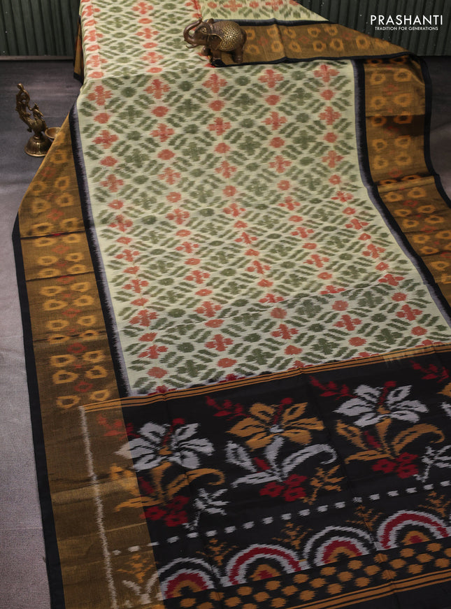 Ikat silk cotton saree green off white and black with allover ikat weaves and long zari woven border