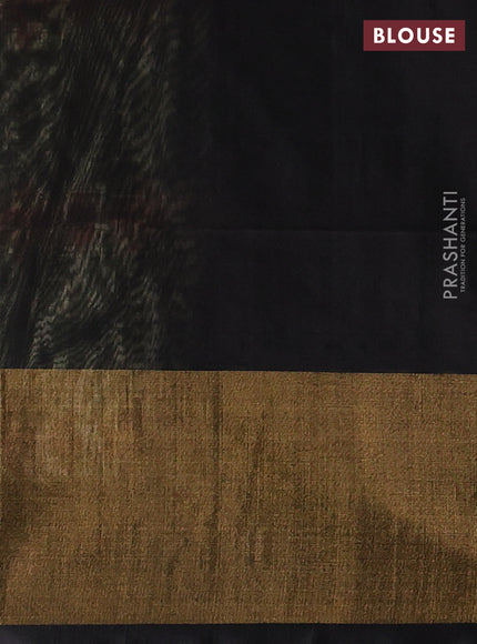 Ikat silk cotton saree green off white and black with allover ikat weaves and long zari woven border