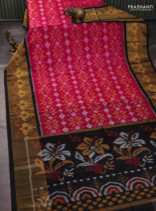 Ikat silk cotton saree pink and black with allover ikat weaves and long zari woven border