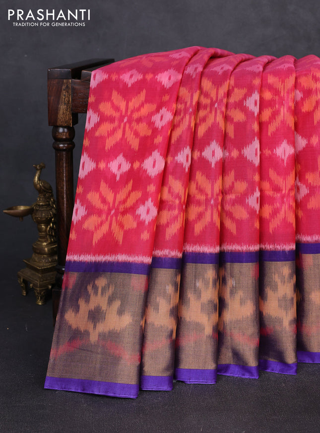 Ikat silk cotton saree pink and blue with allover ikat weaves and long zari woven border