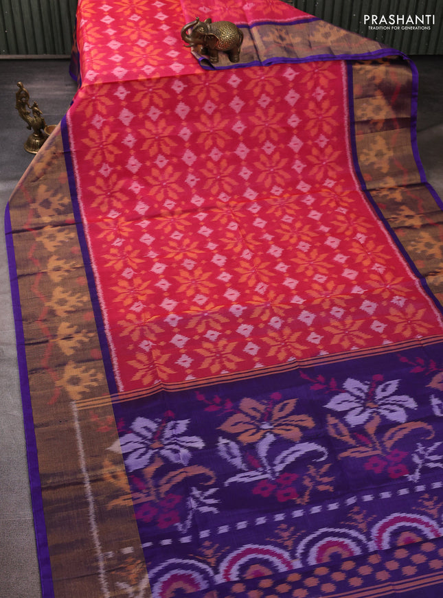 Ikat silk cotton saree pink and blue with allover ikat weaves and long zari woven border