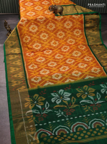 Ikat silk cotton saree mustard yellow and green with allover ikat weaves and long zari woven border