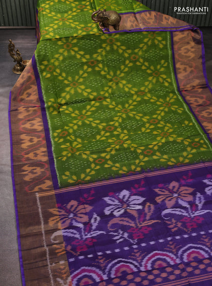 Ikat silk cotton saree light green and blue with allover ikat weaves and long zari woven border