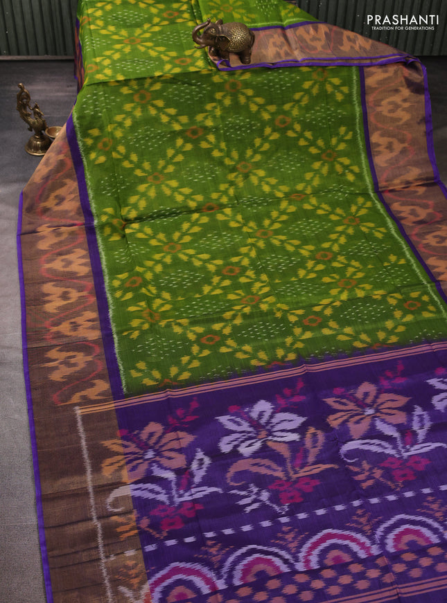 Ikat silk cotton saree light green and blue with allover ikat weaves and long zari woven border