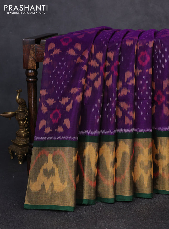 Ikat silk cotton saree purple and green with allover ikat weaves and long zari woven border