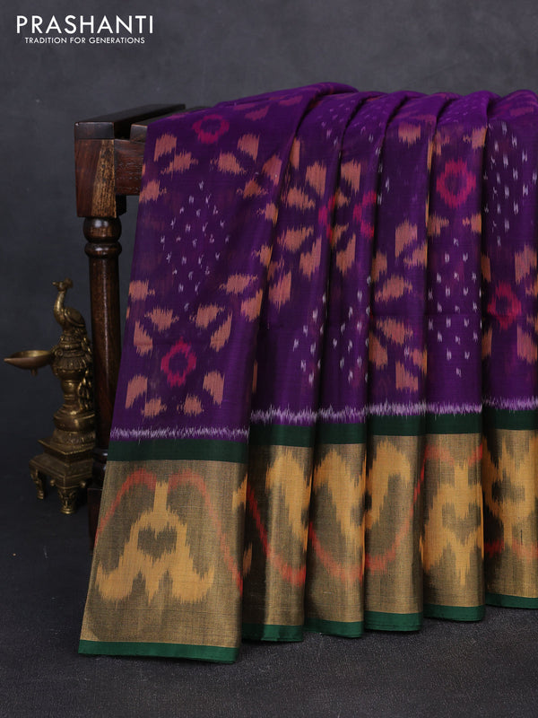 Ikat silk cotton saree purple and green with allover ikat weaves and long zari woven border