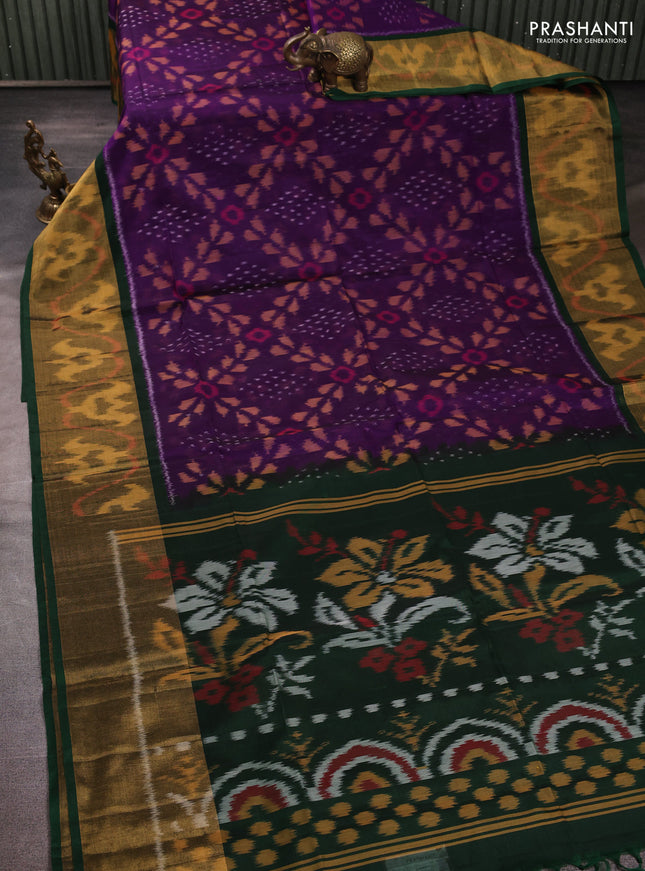 Ikat silk cotton saree purple and green with allover ikat weaves and long zari woven border