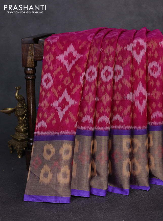 Ikat silk cotton saree pink and violet with allover ikat weaves and long zari woven border