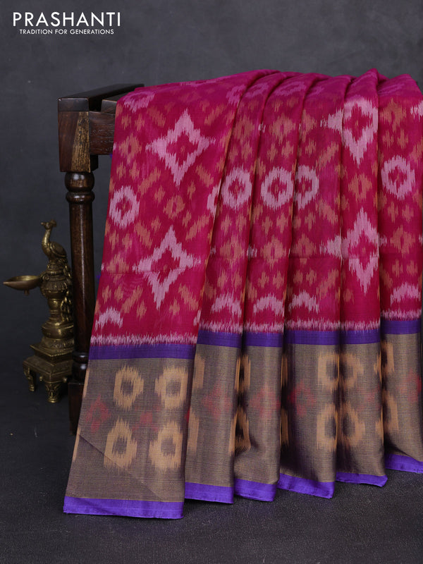 Ikat silk cotton saree pink and violet with allover ikat weaves and long zari woven border