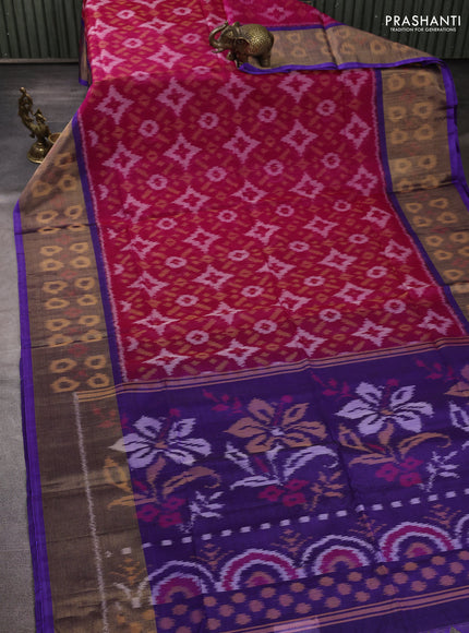 Ikat silk cotton saree pink and violet with allover ikat weaves and long zari woven border