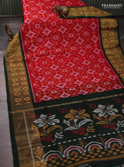 Ikat silk cotton saree red and bottle green with allover ikat weaves and long zari woven border