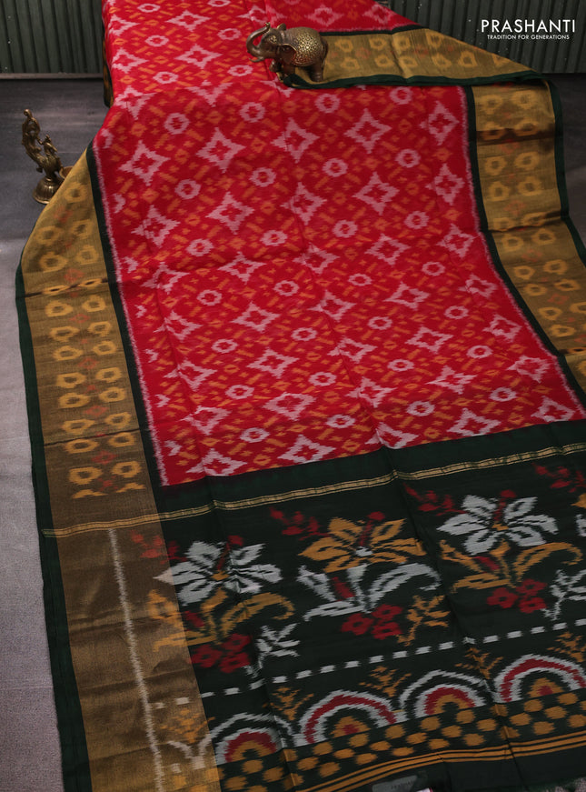 Ikat silk cotton saree red and bottle green with allover ikat weaves and long zari woven border