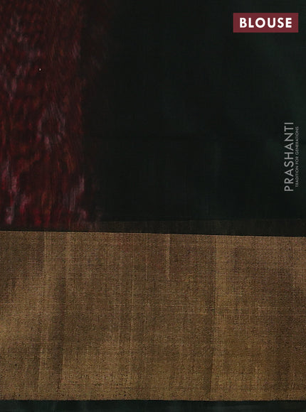 Ikat silk cotton saree red and bottle green with allover ikat weaves and long zari woven border