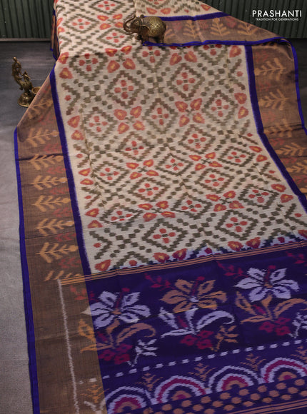 Ikat silk cotton saree off white red and blue with allover ikat weaves and long zari woven border